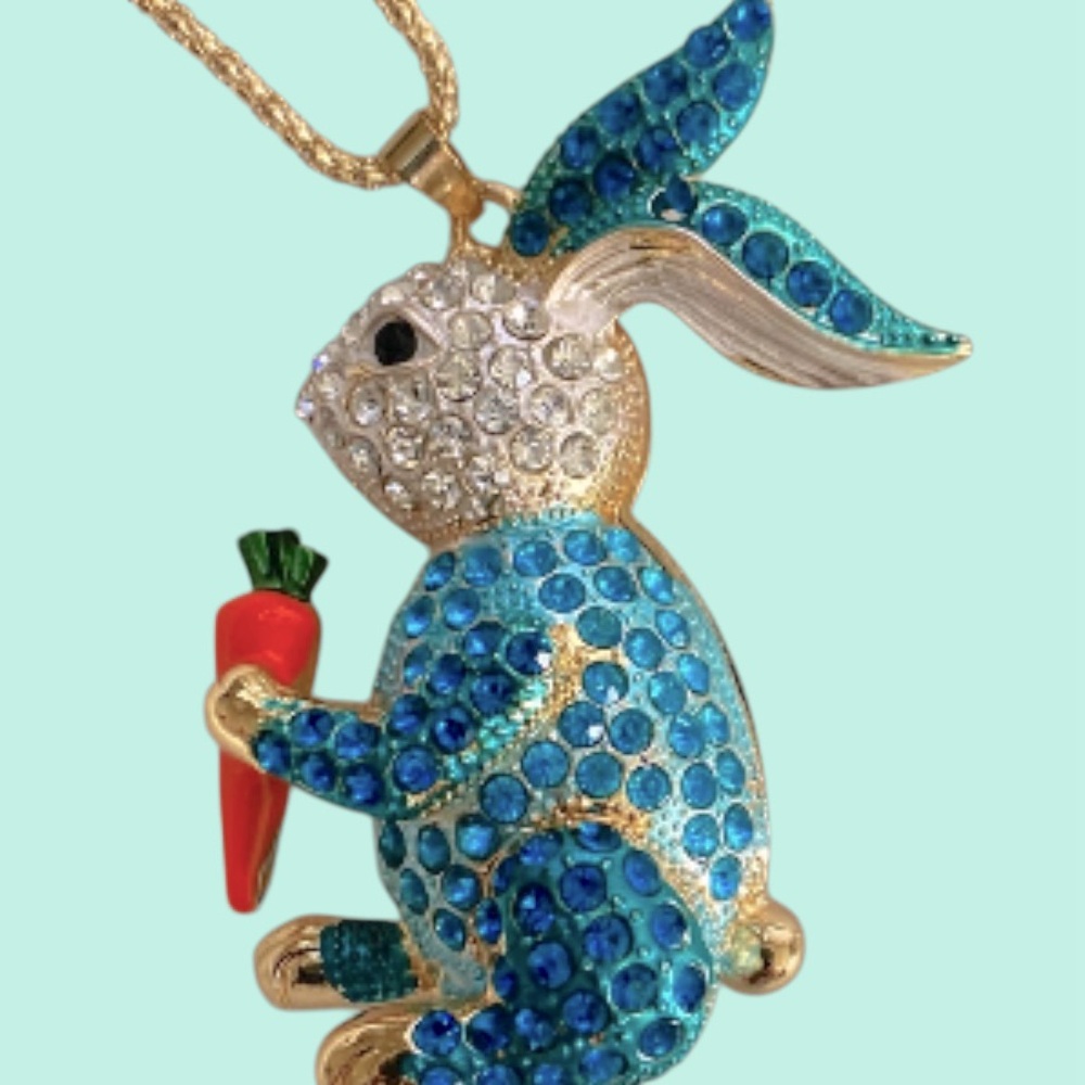 Sparkling Blue and Gold Bunny With Carrot 27.5” popcorn chain NWOT Easter